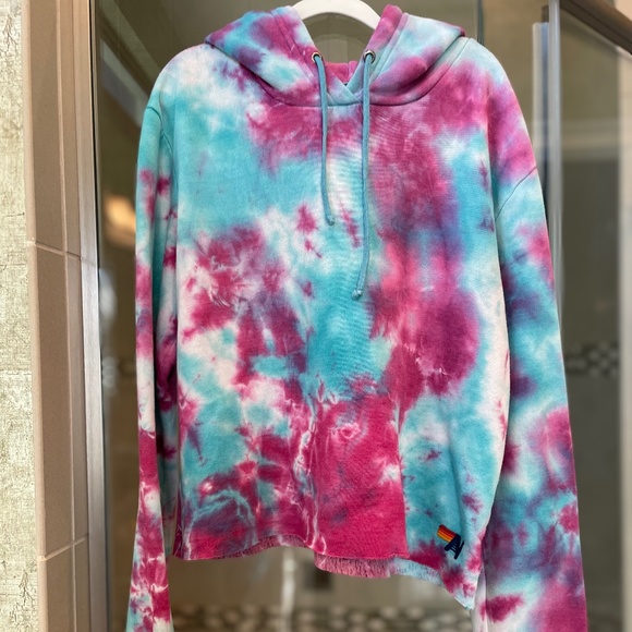 Aviator Nation Tops - Aviator Nation Tie Dye Cropped Pullover Hoodie-Women's-size M-Turquoise
